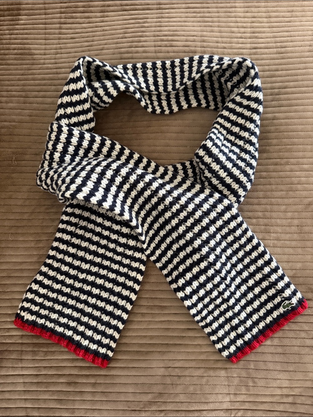 Lacoste Navy Blue Ivory Red Lambswool Blend Ribbed Knit Scarf